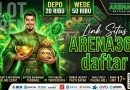 Banner promosi Arena369 Daftar dengan karakter pria berpakaian hijau membawa koin emas.