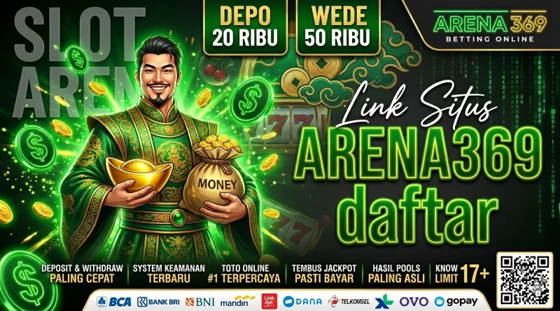 Banner promosi Arena369 Daftar dengan karakter pria berpakaian hijau membawa koin emas.