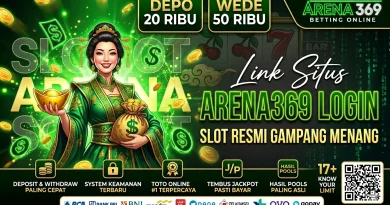 Karakter wanita berbaju hijau membawa kantong emas untuk banner ARENA369 LOGIN.