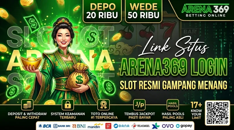 Karakter wanita berbaju hijau membawa kantong emas untuk banner ARENA369 LOGIN.