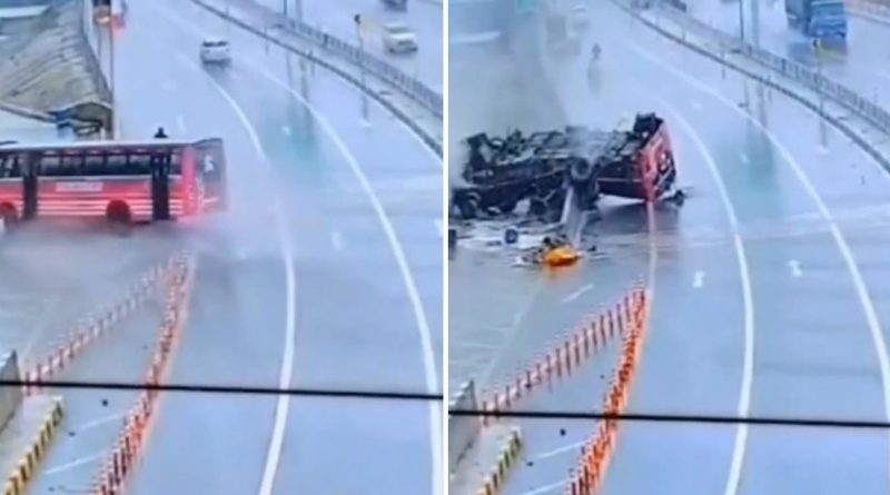 VIDEOS: Autobús con pasajeros pierde el control en plena lluvia y sufre aparatoso accidente